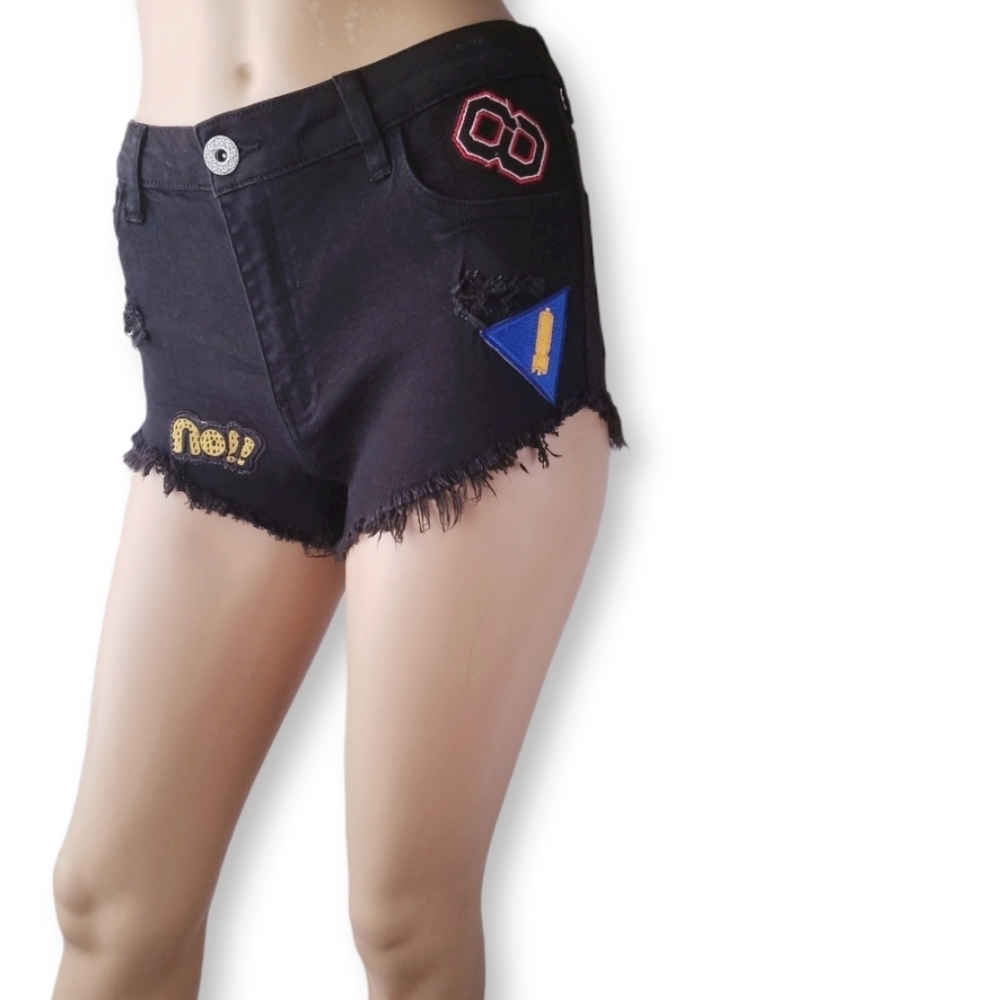 Litz Patch Work Black Distressed Denim Shorts